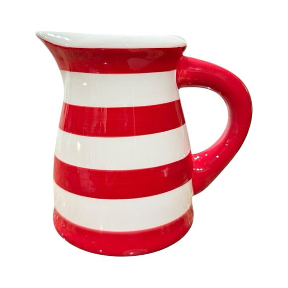 Terramoto Ceramic Drink Pitcher Red White Stripes Approx 7.5” Tall NWOT Holiday - Picture 1 of 6